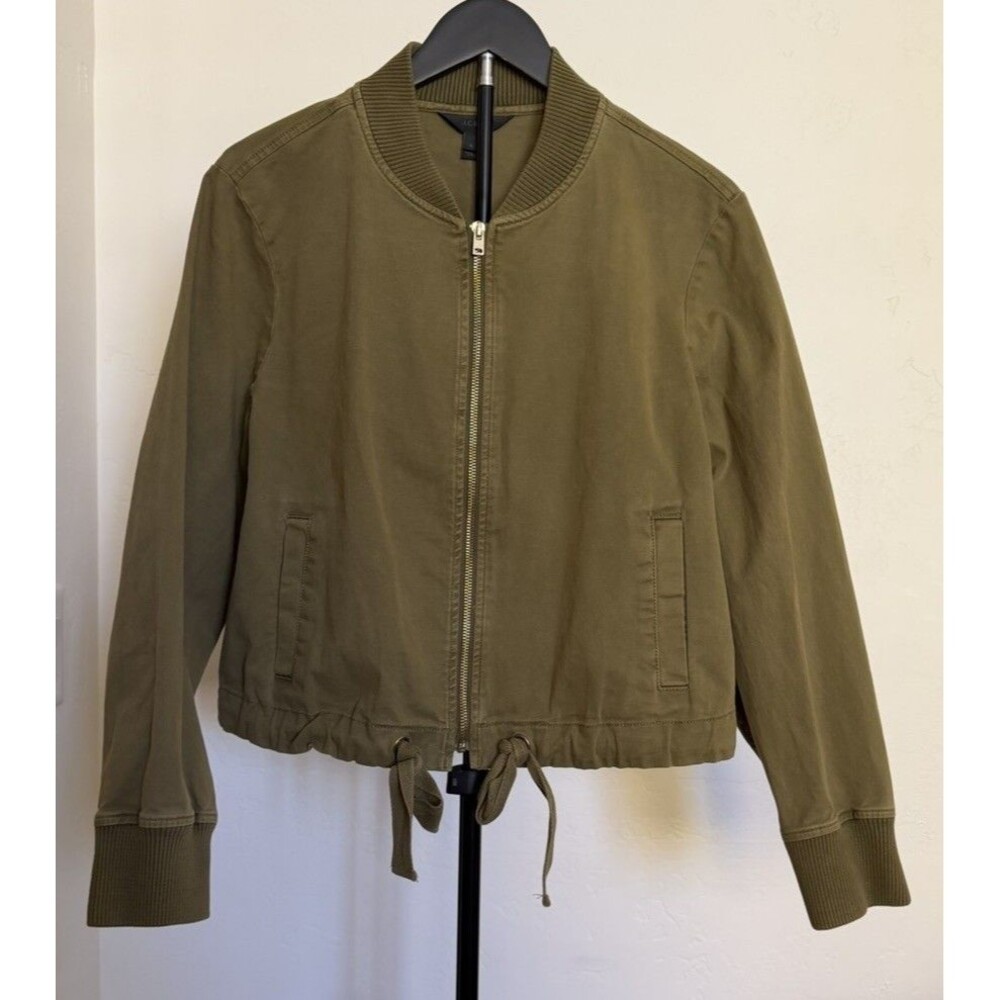 J.CREW Women’s Bomber Jacket L Green Full Zip Pockets Drawstring Ribbed Trim